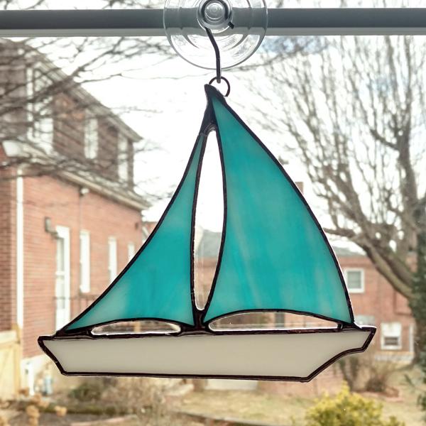 Stained Glass Sailboat Suncatcher, Aqua Blue Swirled, Custom Colors Available