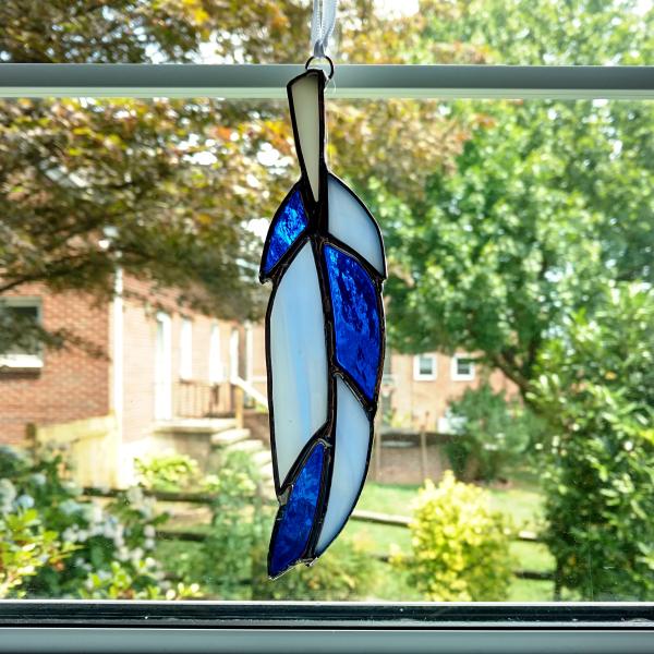 Stained Glass Feather Suncatcher, Cobalt and Light Blue