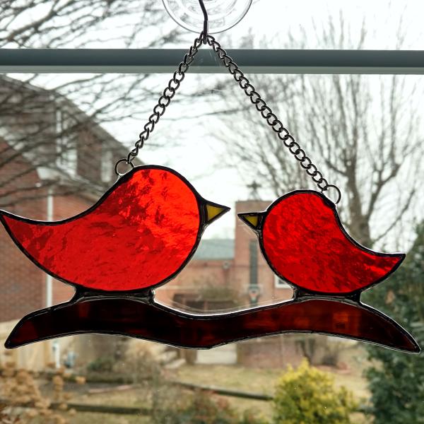 Momma and Baby Birds on a Branch Suncatcher, Red Stained Glass Birds, Custom Colors Available