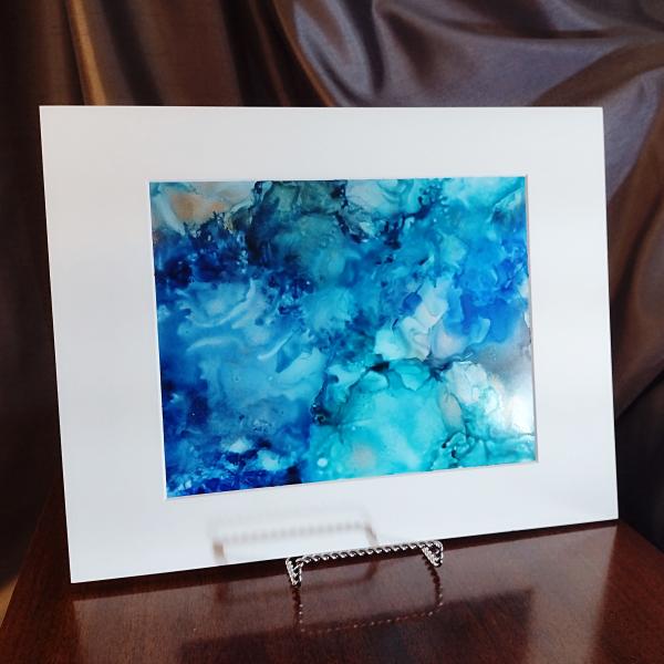 Alcohol Ink Painting, 8 x 10 Matted to 11 x 14, Blue and Silver Abstract