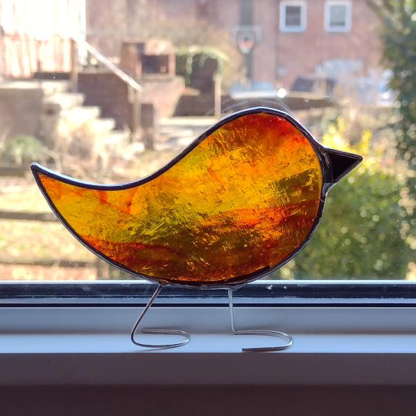 Stained Glass Standing Bird, Red and Orange Wissmach Cathedral Glass