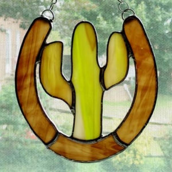 Cactus and Horseshoe Stained Glass Suncatcher, Custom Colors Available