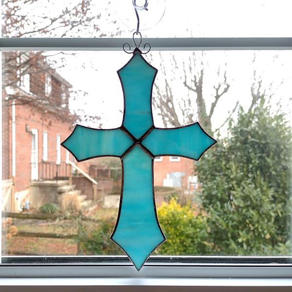 Stained Glass Cross Suncatcher, Blue Iridescent