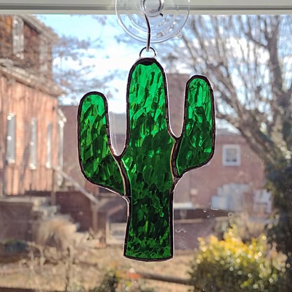 Stained Glass Cactus Suncatcher, Green Hammered Cathedral, Custom Colors Available