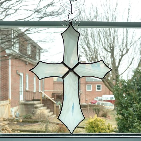 Stained Glass Cross Suncatcher, White Swirl