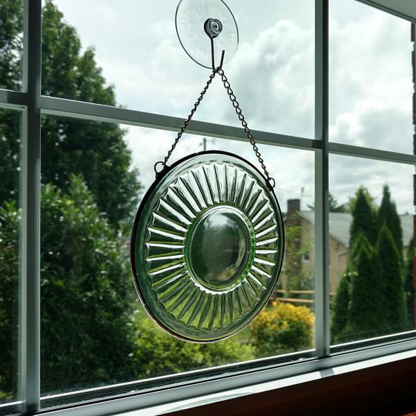 Vintage Green Pressed Glass Plate Window Hanging