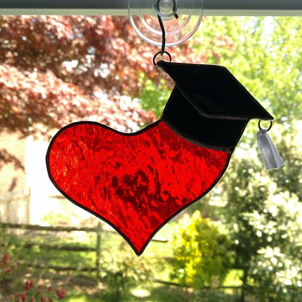 I Love Graduate Stained Glass Suncatcher, Heart with Graduation Cap, Custom Colors Available