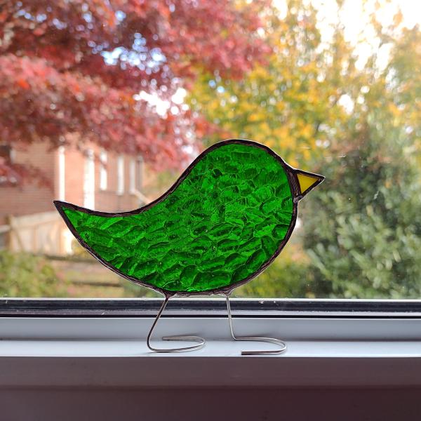 Stained Glass Standing Bird, Green Hammered Cathedral Glass