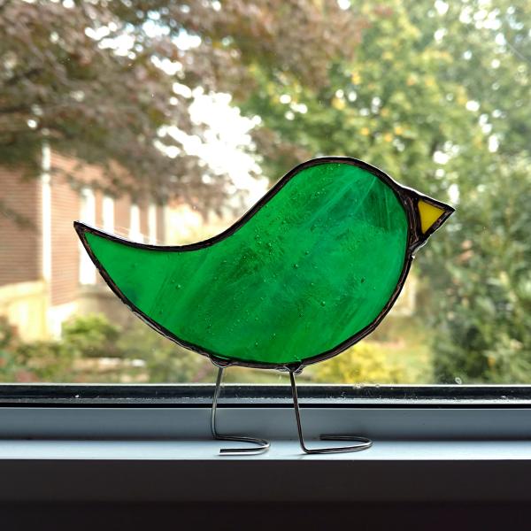 Stained Glass Standing Bird, Green Swirled