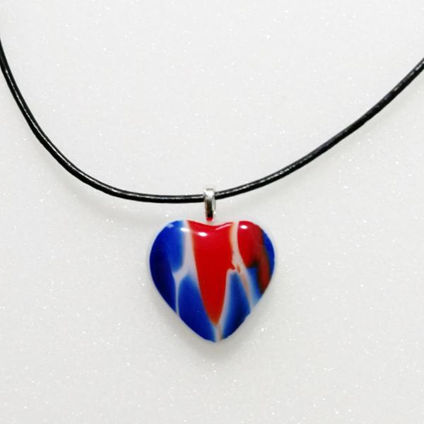 Fused Glass Heart Pendant, Red White and Blue Swirl