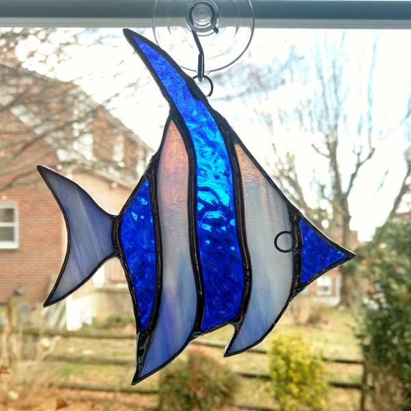 Angel Fish Stained Glass Suncatcher, Iridescent Blue