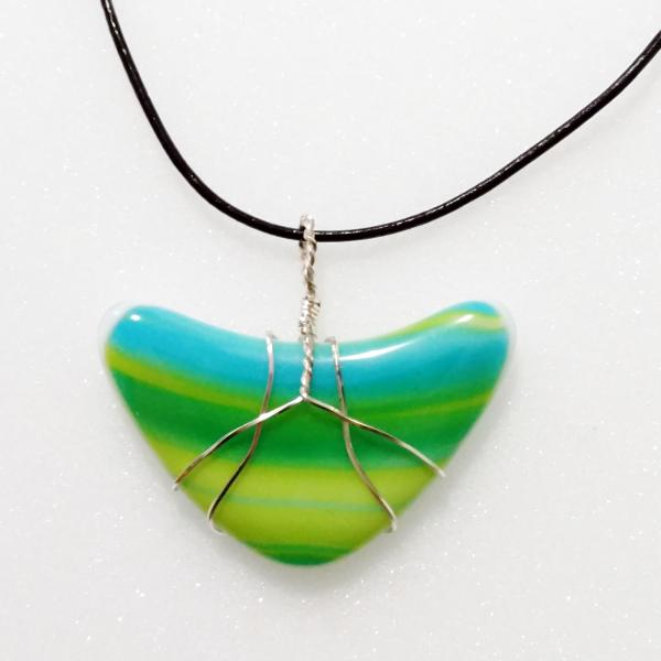 Fused Glass Wire Wrapped Pendant, Green and Blue Swirl