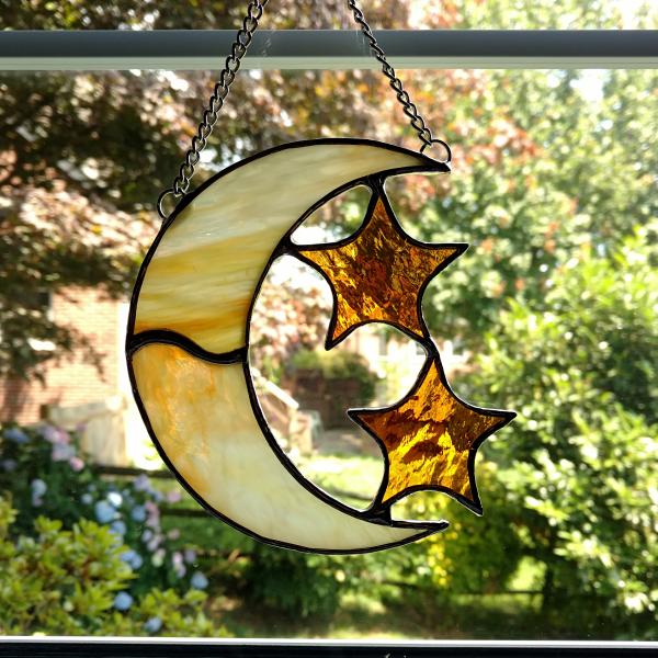 Moon and Stars Stained Glass Suncatcher, Orange and Yellow Swirled Corsica Glass