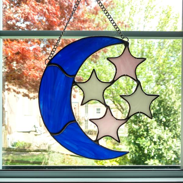 Moon and Stars Stained Glass Suncatcher, Opalescent Glass, Celestial Decor