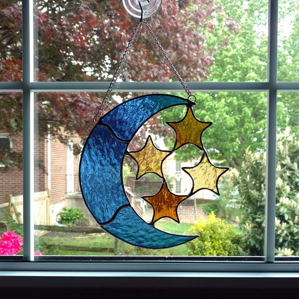 Moon and Stars Stained Glass Suncatcher, Cathedral Glass, Celestial Decor