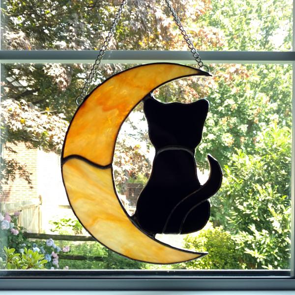 Stained Glass Black Cat on a Crescent Moon Suncatcher