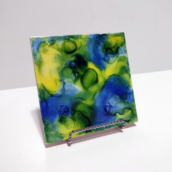 Alcohol Ink Ceramic Tile Trivet, 6" x 6", Blue, Green, and Yellow