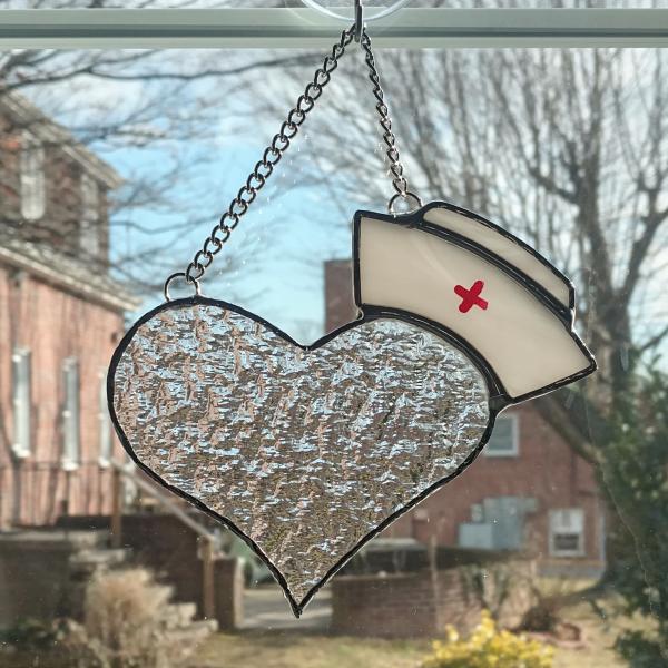 I Love Nurses Stained Glass Suncatcher, Heart with Nurse Cap