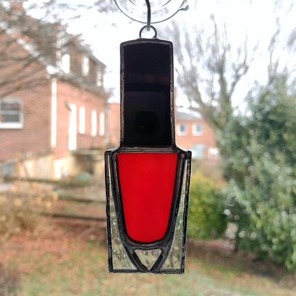Nail Polish Bottle Stained Glass Suncatcher / Christmas Tree Ornament, Red Opalescent, Custom Colors Available