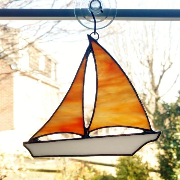 Stained Glass Sailboat Suncatcher, Orange Swirl, Custom Colors Available