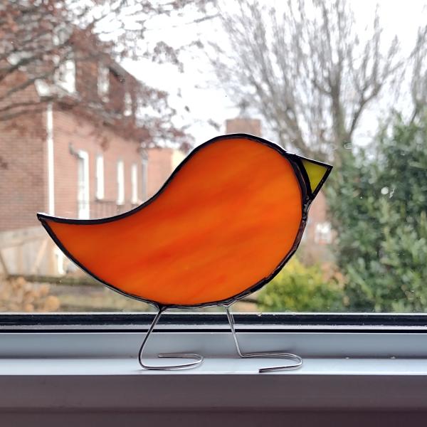 Stained Glass Standing Bird, Orange Swirled Opalescent Glass