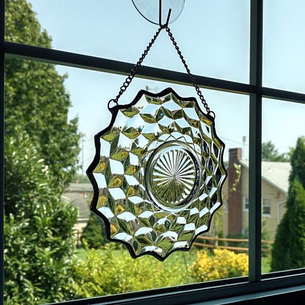 Vintage Glass Plate Window Hanging, Beveled Design