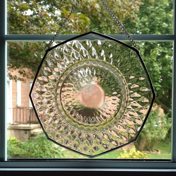 Vintage Glass Plate Window Hanging, Pale Pink