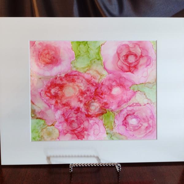 Alcohol Ink Painting, 8 x 10 Matted to 11 x 14, Pink Peonies Floral Abstract