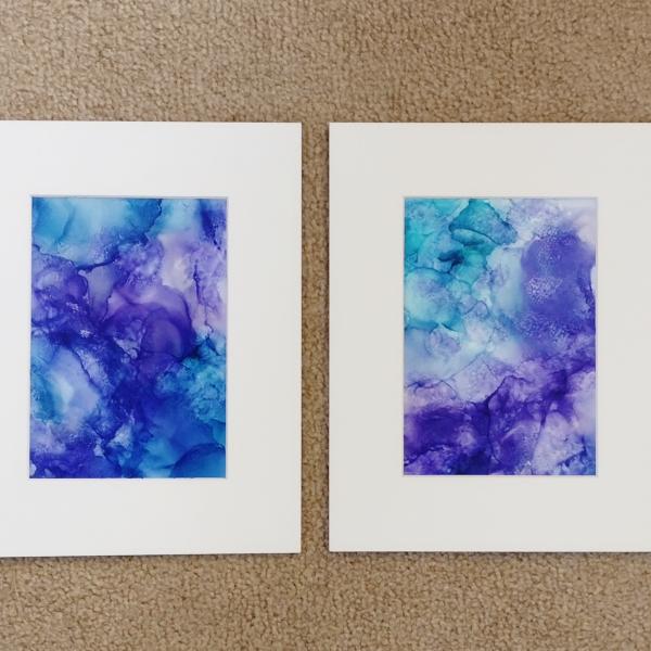 Alcohol Ink Painting Grouping, Set of 2, Purple and Blue Pearlized Fluid Art