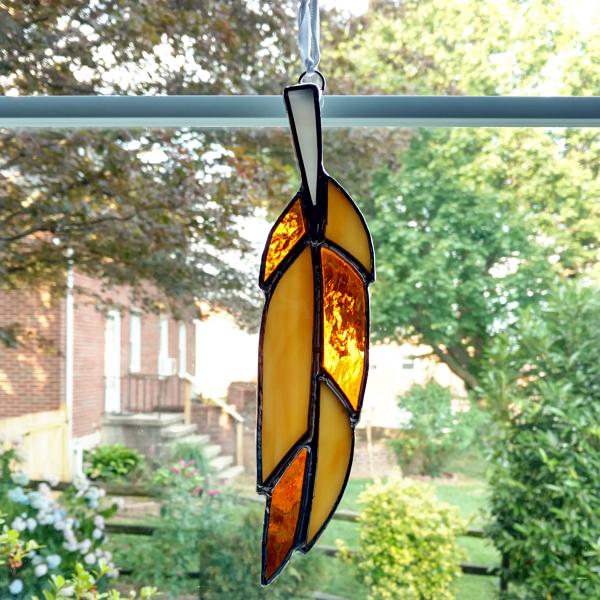 Stained Glass Feather Suncatcher, Amber and Tan