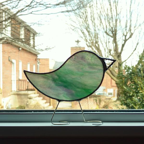 Stained Glass Standing Bird, Green and Purple Swirl