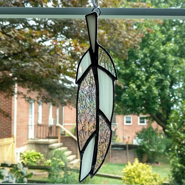 Stained Glass Feather Suncatcher, Iridescent Clear and White