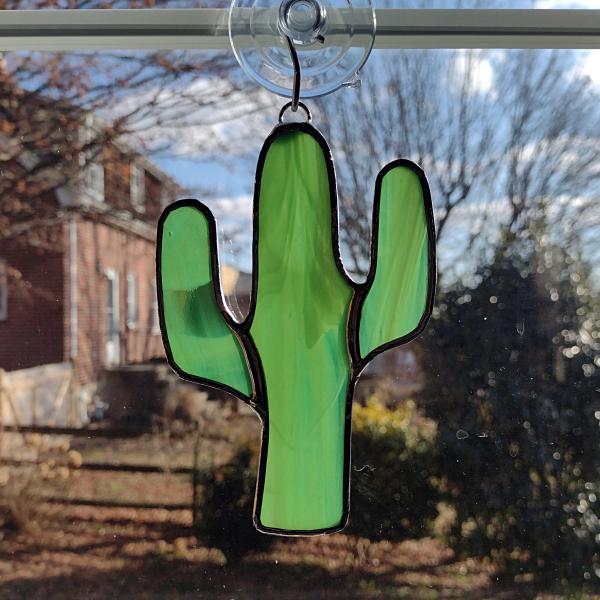 Stained Glass Cactus Suncatcher, Green White Wispy, Custom Colors Available