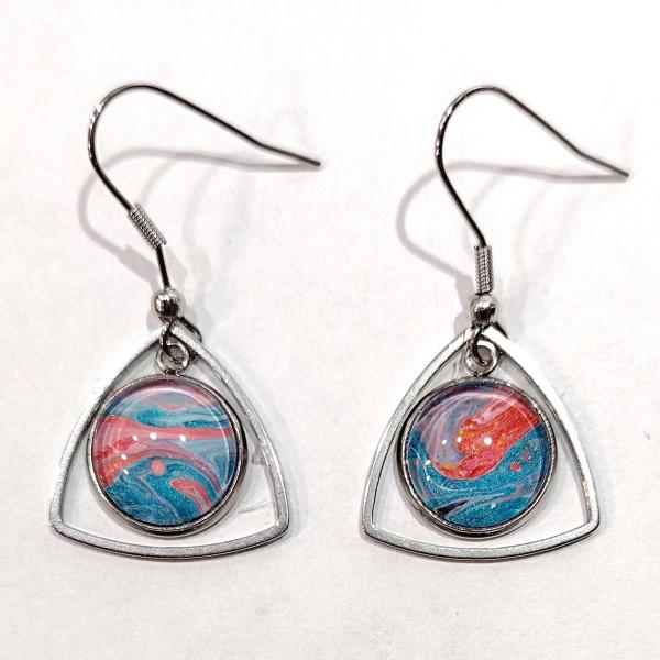 Painted Earrings, Coral Pink and Turquoise Blue Swirl Triangles