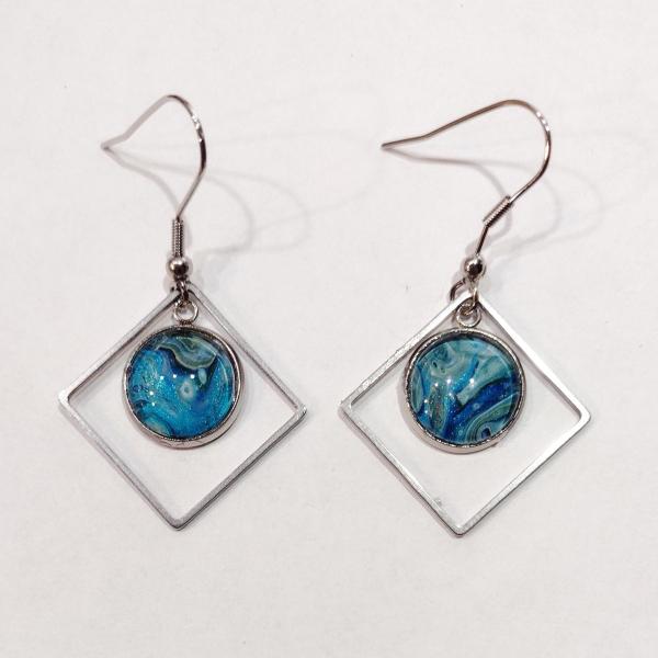 Painted Earrings, Blue and Green Swirl Squares