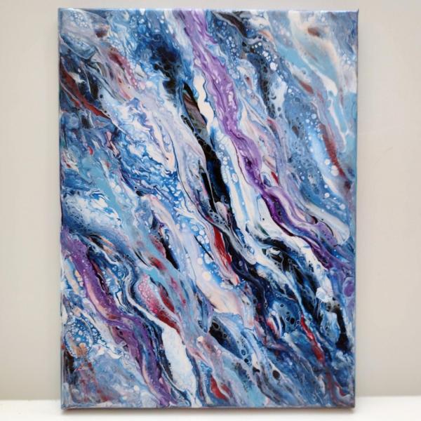 Blue and Purple Waves Abstract Original Acrylic Pour Painting, 9" x 12", Fluid Art Painting