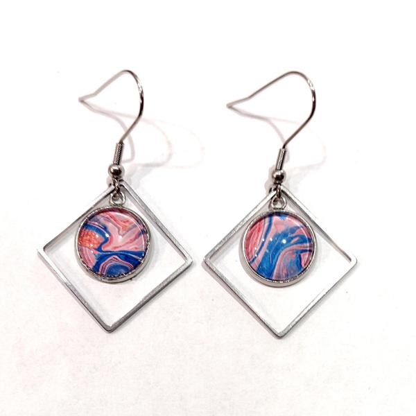 Painted Earrings, Pink and Blue Swirl Squares