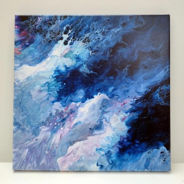 Blue and White Waves Abstract Original Acrylic Pour Painting, 12" x 12", Fluid Art Painting