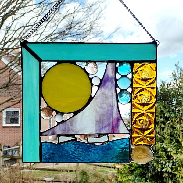 Beach Ocean Sailing Scene Abstract Stained Glass Mixed Media Panel Suncatcher