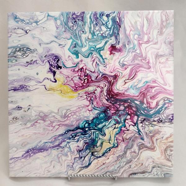 Pink, Purple and Turquoise Blue Abstract Original Acrylic Pour Painting, 12" x 12", Fluid Art Painting