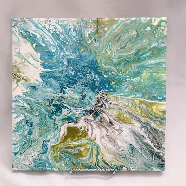 Green and Blue Abstract Original Acrylic Pour Painting, 12" x 12", Fluid Art Painting