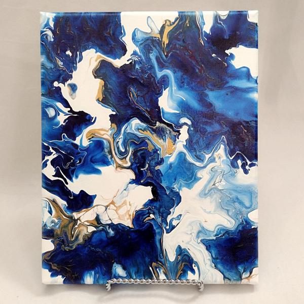 Blue, White, and Gold Abstract Original Acrylic Pour Painting, 8" x 10", Fluid Art Painting