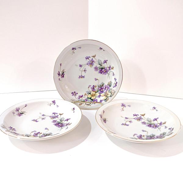 Vintage Meito Adele Orleans Shape Rimmed Soup Bowls, Set of 3, Purple and Yellow Violets Floral Design China