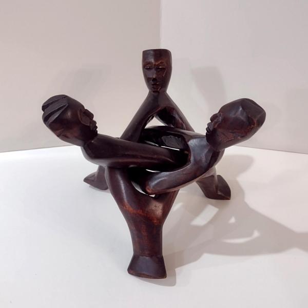 Three Figure Unity Wooden Interlocking Holder, African Tribal Wood Art Figurine, Plant Stand