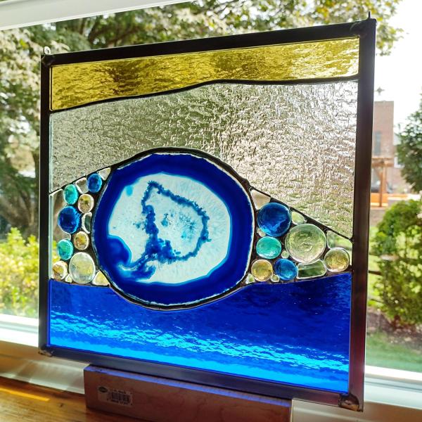 Stained Glass and Agate Geode Mixed Media Abstract Window Panel Suncatcher