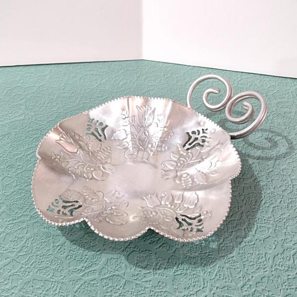 Vintage Stamped Aluminum Serving Tray, Tulip Design Metal Candy Snack Dish