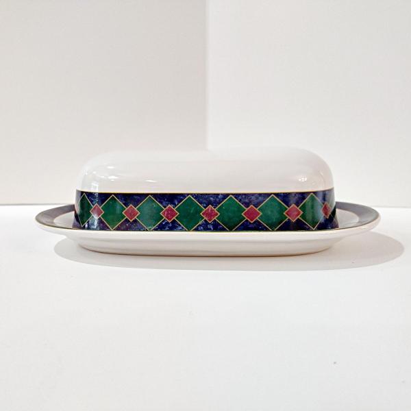 Vintage Pfaltzgraff Amalfi Classic Ceramic Butter Dish, Blue and Green Geometric Design Covered Butter Dish