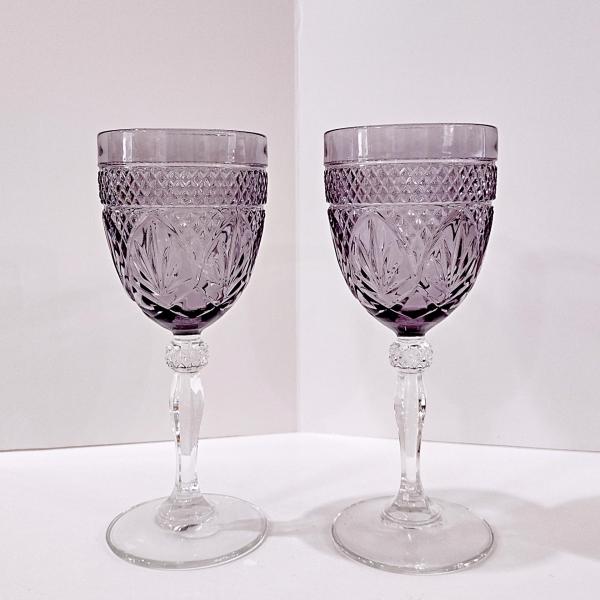 Vintage Cristal D'Arques Antique Amethyst Purple Wine Glasses Water Goblets, Set of Two
