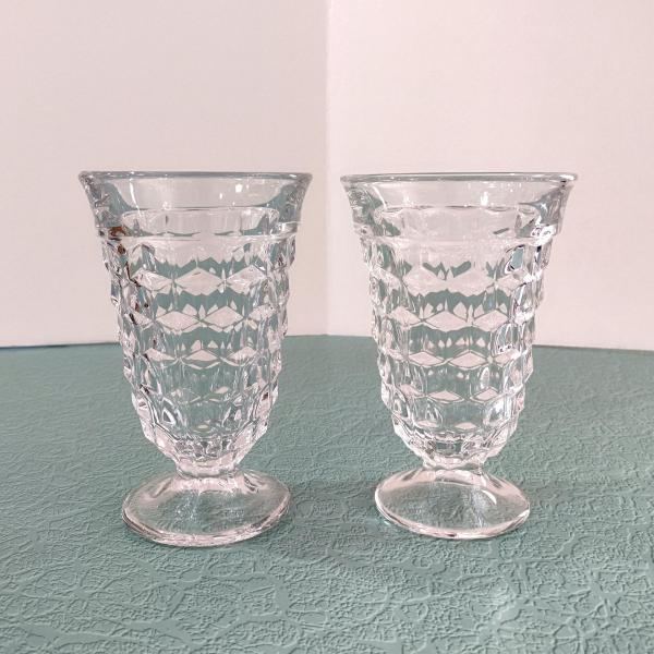Antique Vintage Fostoria American Clear Footed Iced Tea Glasses, Set of Two, Manganese Depression Pressed Glassware