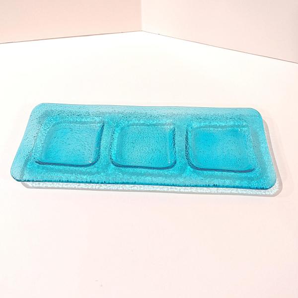 Vintage Aqua Blue Glass Three Sectioned Sauce Dish, Sushi Sauce Tray, Votive Candle Holder Tray, Potted Plant Under Dish